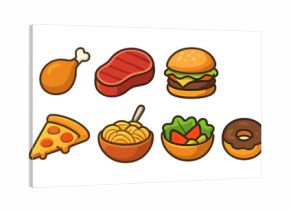 Cartoon fast food and meal icons with bold outlines for menus