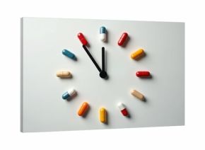 Colorful capsules form clock face indicating precise medication times. This visual represents health scheduling and drug regimen adherence. It is a reminder for dosage.