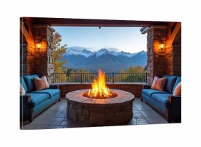 Cozy patio with sofas and fire pit overlooks snowy mountains in autumn. Stone pillars and warm lamplight create inviting ambiance. Enjoy a fall evening with stunning nature scenery.