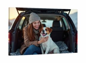 Woman and dog in car trunk. They enjoy winter landscape. Lady smiles with her jack russell in the snowy mountains. Pet owner traveling with her dog together.