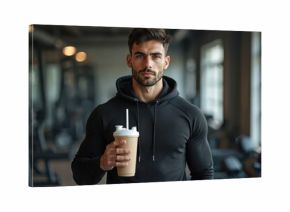Handsome man in gym holds protein shake. Athletic male in hoodie drinks sports supplement. Bodybuilder in fitness center, strong muscular person after workout. Healthy lifestyle concept.