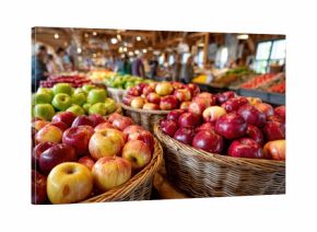 Local farmers market showcases colorful varieties of apples and fresh produce in vibrant setting