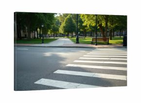 Pedestrian zebra crossing on asphalt road with green park area and trees. Crosswalk marking signals safe street passage for walkers and bikes. Urban quiet street.