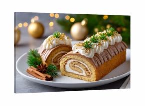 Yule log cakes celebrating Christmas holiday with decorations