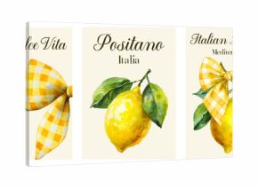 Set of poster designs with yellow lemons and bow. Italian Mediterranean posters with yellow lemons and vintage bow. Italy, Amalfi and Mediterranean vibe. Vector illustration.