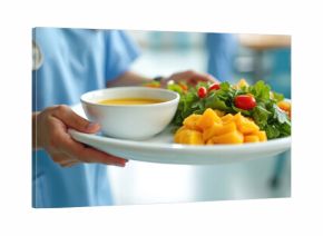Healthcare worker in blue uniform brings tray with soup salad and fruit to patient. Hospital dining service offers healthy meal for wellness recovery. Nutrition care supports healing.