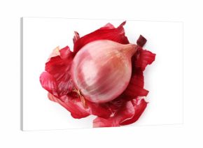 Fresh red onion with peels isolated on white, top view