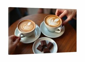 Two cups of coffee with latte art, chocolate pieces sit on wooden table. Hands reach for beverages, enjoying sweet moment together. This scene suggests warmth, relaxation during casual meetup at cafe.