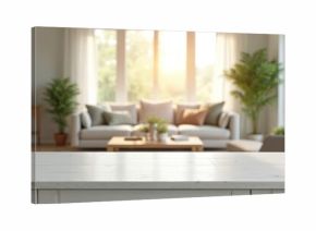 Empty white wooden table foreground. Bright living room background with sofa, coffee table, plants, large windows. Natural light fills scene. Perfect for product placement.