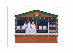 Christmas stall, wooden booth with vendor selling bakery and festive hot drinks. Winter holiday kiosk, outdoor cafe, woman behind counter. Flat vector illustration isolated on white background.