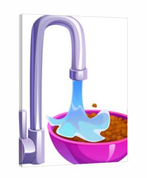 Cartoon dry buckwheat being poured from sink tap into a pink vector bowl with water stream, depicting the process of rinsing grains before cooking as part of food preparation in a kitchen environment