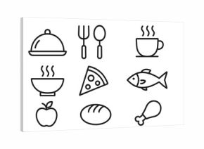 Simple line icons set featuring various food, restaurant, and kitchen related items