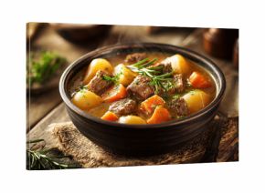 rustic and hearty beef stew with potatoes and carrots served in a dark bowl on a farmhouse wooden table with steam rising