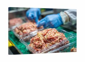 Macro view of freshly ground meat being portioned into clear plastic containers by gloved hands, soft green background enhances the visual contrast and freshness