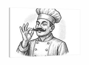 Bellissimo gesture chef making the delicious hand gesture, cooking and food themes sketch engraving generative ai fictional character vector illustration. Scratch board imitation. Black and white.