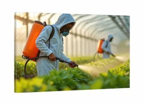 Two agricultural workers wear protective suits in a sunlit greenhouse. They spray crops with pesticide. The scene shows pest control in a farming setting. Agricultural labor involves plant treatment.