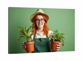 Woman with red hair wearing gardening outfit holds potted plants. She looks stressed and worried. Concept of gardening mistakes failure problems or challenges. Green background.