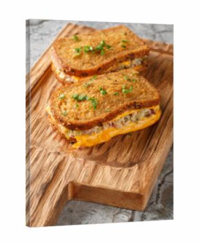 Breakfast Tuna Melt sandwich made of rye bread, canned tuna and melted cheese close-up on a wooden board on the table. Vertical