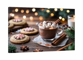 Christmas Hot Chocolate with Marshmallows and Holiday Cookies on Festive Table