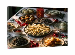 Stół wigilijny z pierogami i innymi potrawami świątecznymi