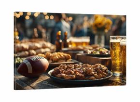 Football tailgate scene with food and drinks before. Gridiron pregame gathering victuals beverage enjoyment festive occasion sporty celebration outdoor recreation nourishment