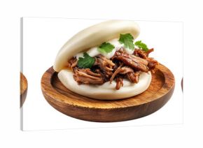 Set of Polynesian steamed bao bun filled with shredded pork, creamy sauce, and cilantro, on white background, Polynesian Snacks