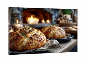 Freshly Baked Rosemary Bread by a Cozy Fireplace