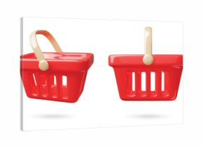 Cartoon 3d shopping cart. Red supermarket plastic baskets with handles, grocery delivery, empty buckets in different angles, box container for shop, render glossy isolated classy vector set