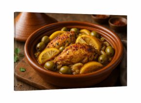 Delicious chicken tagine with olives and lemon slices served in bowl