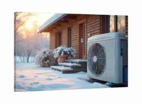Heat pump unit operates outdoors beside wooden house in winter snow. Device provides warmth during cold season. Residential building exterior with frosty trees and warm sunset.