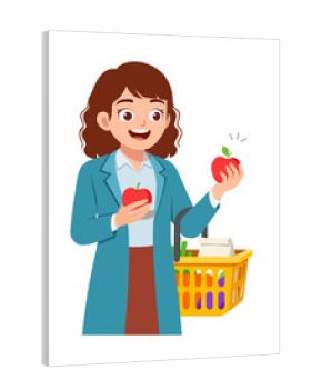 Happy Young Woman Holding Two Red Apples with a Shopping Basket Full of Groceries Healthy Food Concept