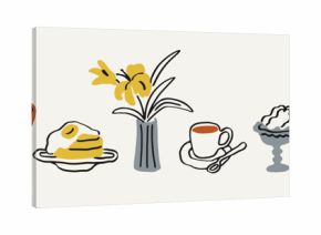 Food and drink set in doodle scribble handdrawn style. Egg, grapes, breakfast pancakes, flower vase, coffee cup, wine bottle, wineglass, snacks, sketch drawings. Hand-drawn vector illustrations