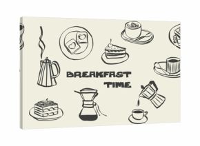 Coffee and breakfast doodles in chalk style. Croissant, cup, bread sketches for cafe menu. Vintage hand drawn brunch icons perfect for restaurant posters and Italian food designs. Vector illustration