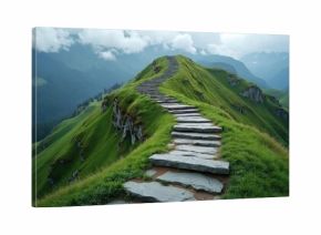 Stone stairs climb green mountain ridge toward cloudy sky. Scenic pathway leads to peak. Journey concept for travel adventure and outdoor exploration.