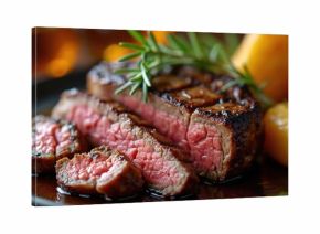 Juicy grilled rib eye steak sliced, served with roasted potatoes and rosemary sprig. Meat is medium rare, tender with charred crust. Perfect for steakhouse menus, gourmet food blogs or recipe content.