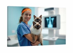 Veterinarian holds two cats in x ray room near machine with pet scan visible on screen. Smiling female vet tech wears blue scrubs and orange headband. Animal medical exam.
