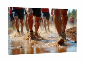 Athletes run through muddy water obstacle course race. Runners splash water overcoming challenge on difficult terrain. Sports competition tests strength endurance and determination.
