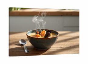 Creamy seafood soup with mussels and shrimp, highlighting rich textures for culinary presentation