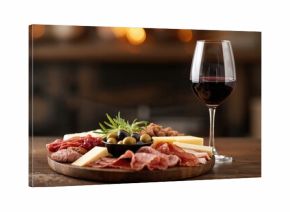 Assorted cured meats and cheeses with a glass of red wine, suitable for entertaining