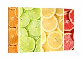 Citrus fruits collage, top view. Slices of lemon, orange, grapefruit and lime. Banner design