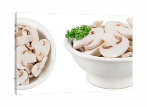 Fresh mushroom champignon slices in a ceramic bowl isolated on white background. Top view. Flat lay