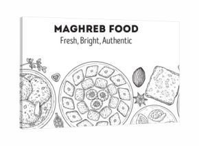 Maghrebi cuisine top view vector illustration. Food menu design template. Hand drawn sketch. Maghreb food menu. Vintage style. Vector drawing illustration.
