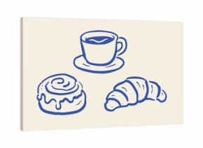 Coffee Cup with Croissant and Cinnamon Roll Minimal Doodle Vector