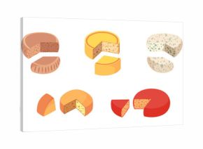 Dairy products, isolated wheels of cheese with cut pieces. Vector isolated isometric pressed curds of milk. Nourishment and balanced dieting, nutrition and eating meal from farm. Organic ingredient