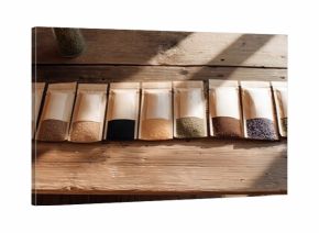 Different types of spices arranged in packets on a wooden table in natural light