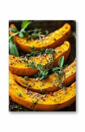 Healthy food photography organic pumpkin baked with herbs