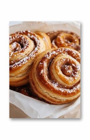 top view of Swedish cinnamon buns in a white bakery bag cinnamon twists in a white paper bag top view of homemade Kanelbullar : Generative AI