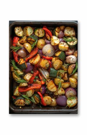 A baking tray with oven vegetables on it. peppers, onions, potatoes, zucchini garlic and herbs. top view.