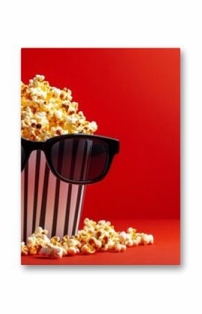 A vibrant bowl of popcorn wearing stylish sunglasses against a bold red backdrop