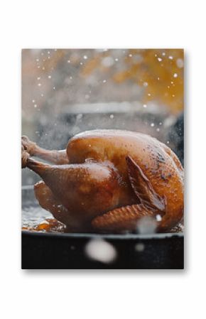 Outdoor deep frying of a whole turkey on a snowy day, showcasing a festive cooking tradition with golden, crispy perfection in cold winter weather. Image made using Generative AI.